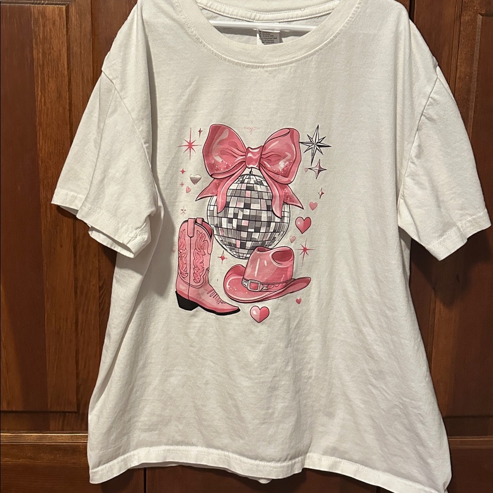 White Tee with Pink Bow Graphic